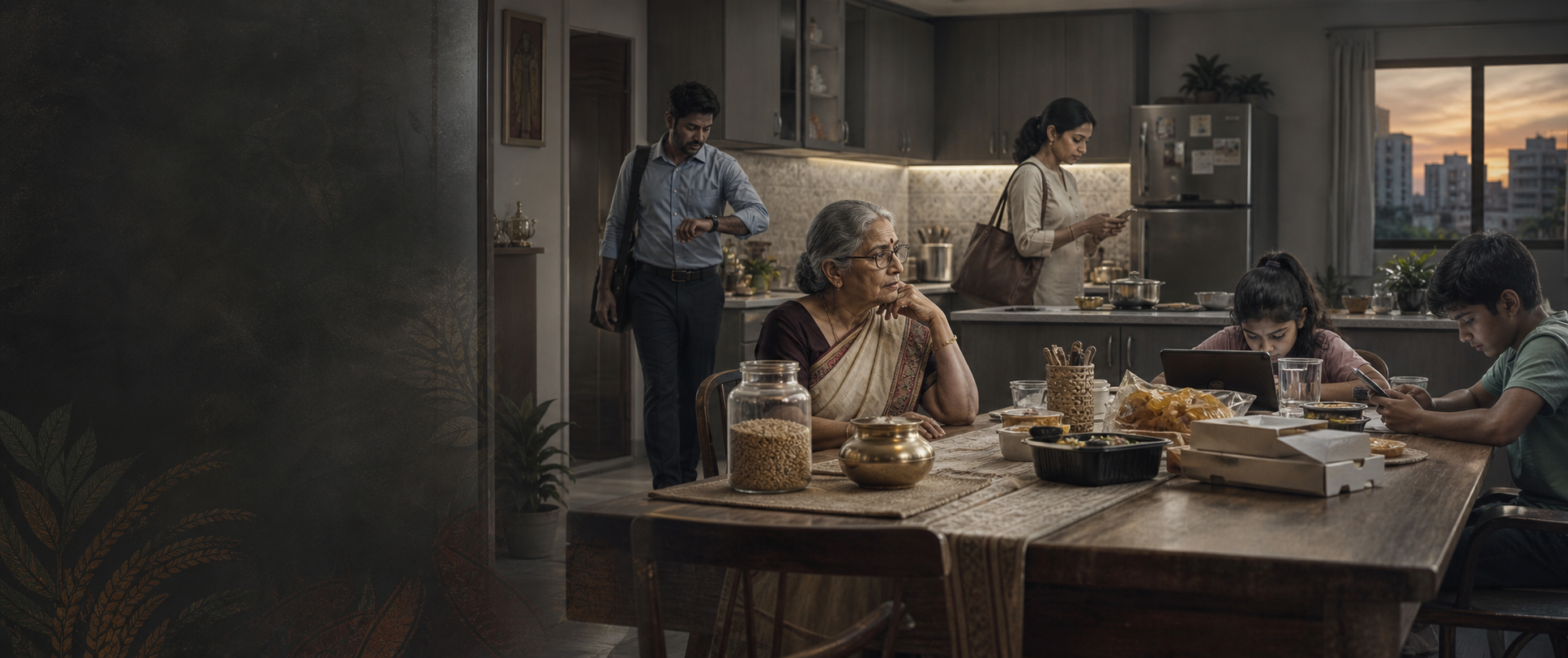 A busy modern family struggling to find time for shared balanced meals