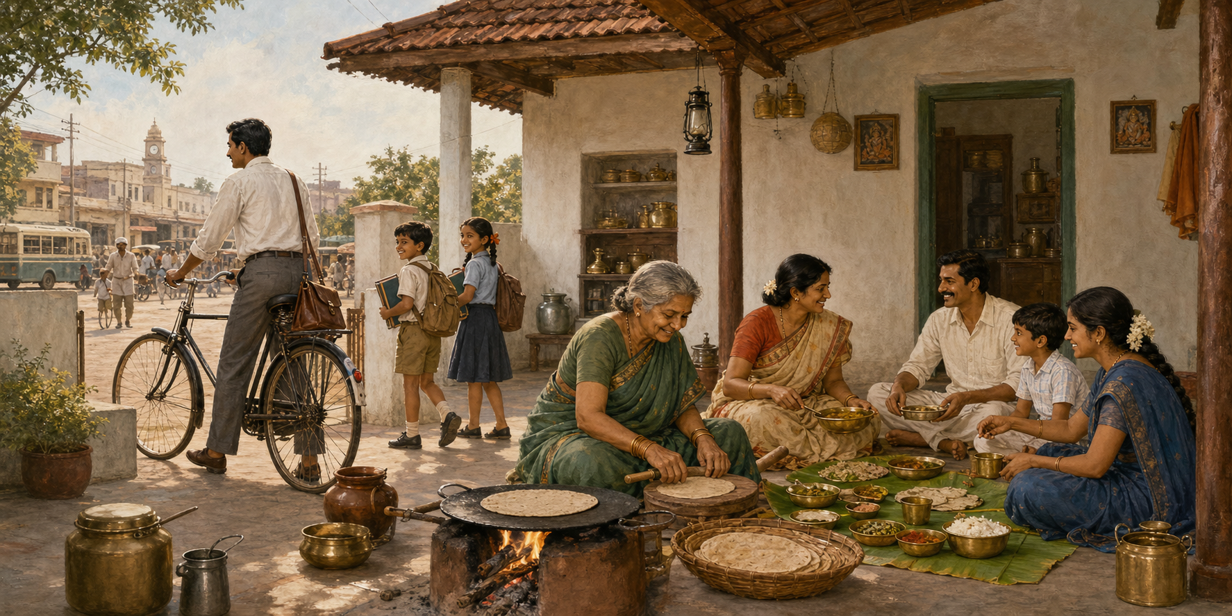 1965 Telugu family balancing town work and traditional food